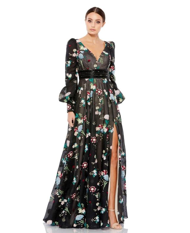 Mac Duggal Floral Embroidered Long Sleeve Gown Product Image