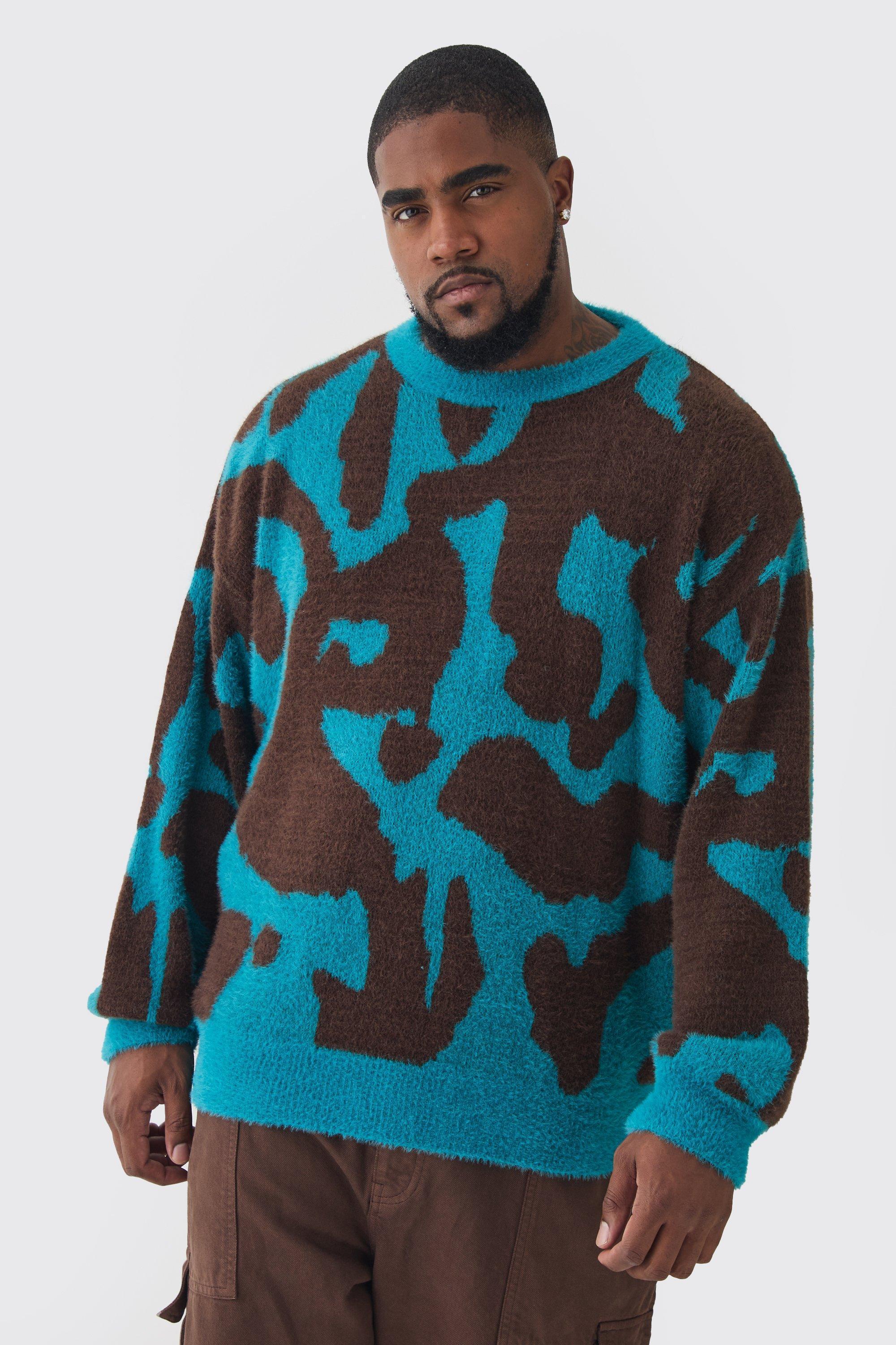 Plus Fluffy Knit Abstract Sweatshirt | boohooMAN USA Product Image