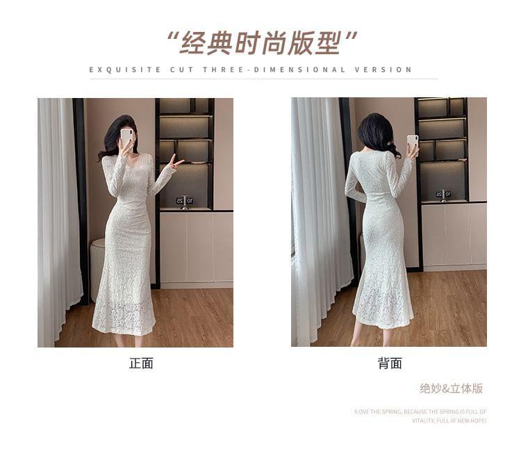 Long-Sleeve V-Neck Midi Lace Mermaid Dress Product Image