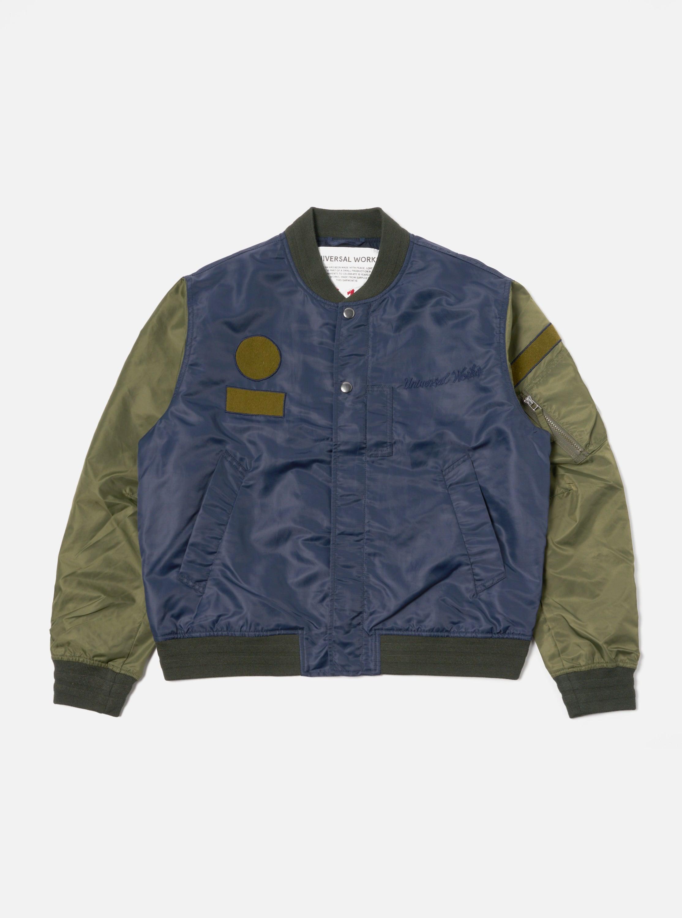 Universal Works Badge Bomber in Olive/Navy Flight Nylon Product Image