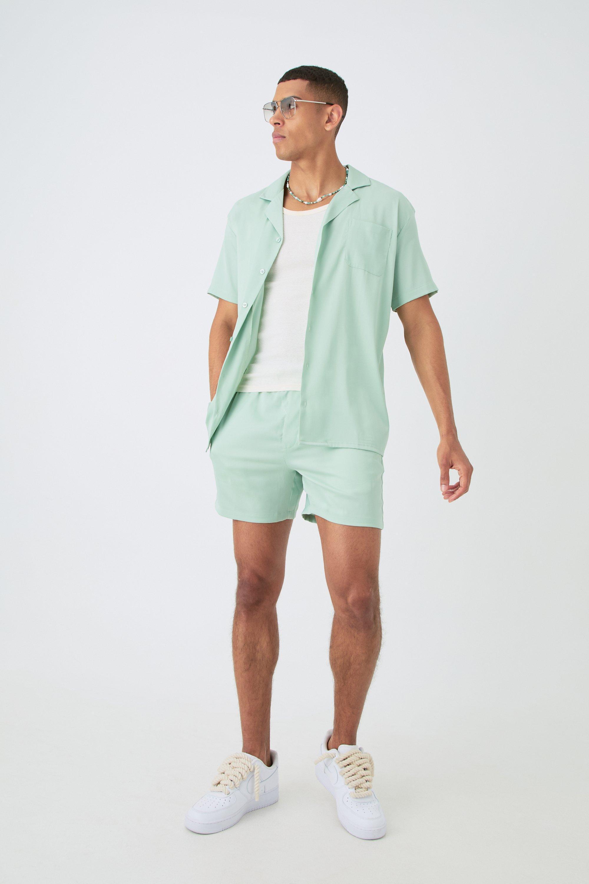 Oversized Short Sleeve Satin Shirt & Short Set | boohooMAN USA Product Image