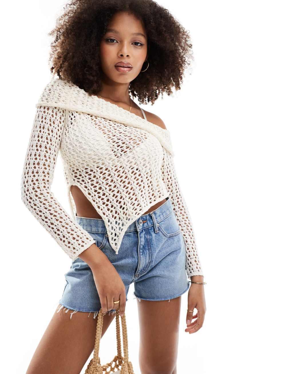 Pull&Bear textured knit bardot top with scarf hem in ecru Product Image