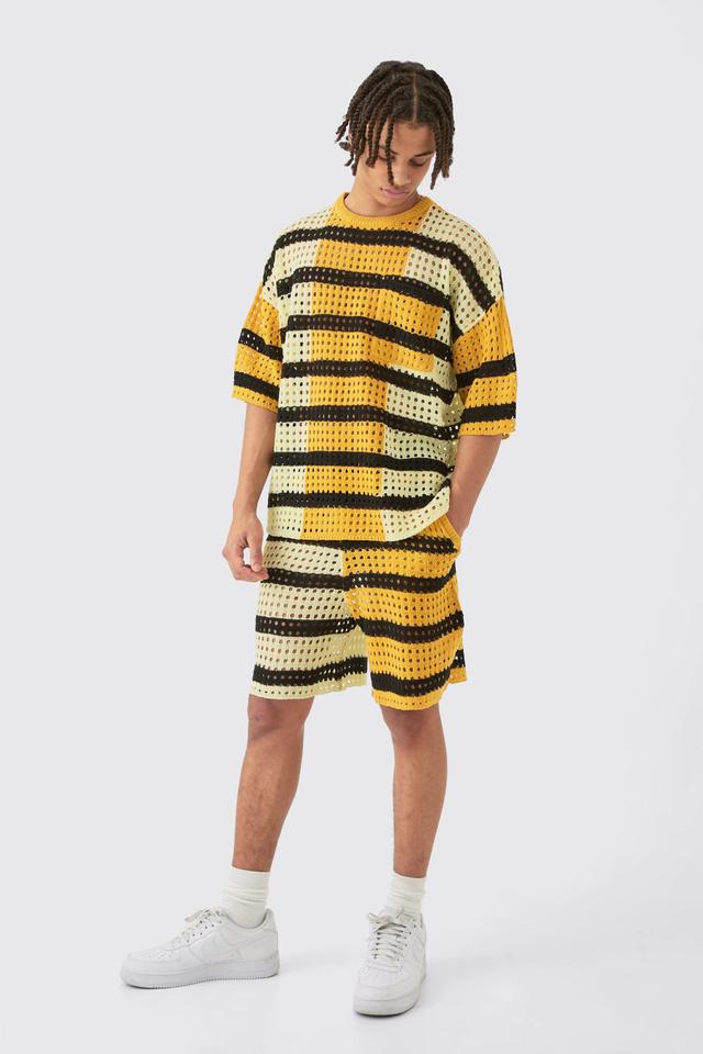 Mens Yellow Oversized Open Stitch T-shirt Short Knitted Set, Yellow Product Image