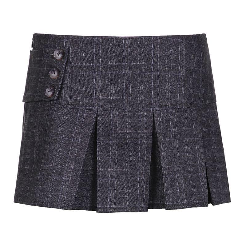 Low Waist Plaid Pleated Button Mini A-Line Skirt Product Image