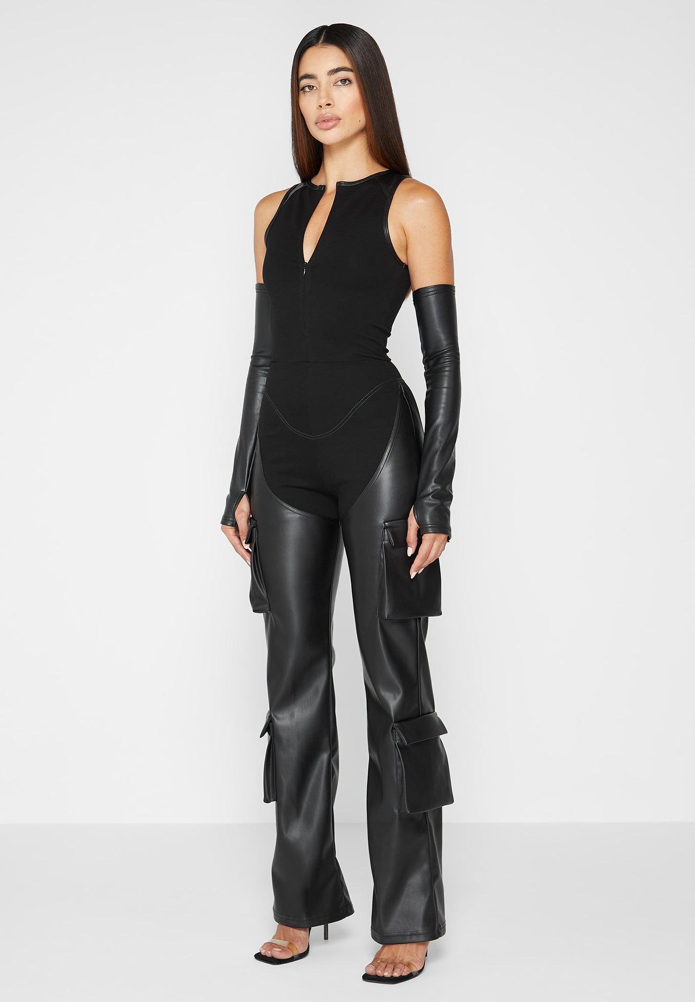 Bandage and Leather Racer Neck Cargo Pocket Jumpsuit - Black Female Product Image