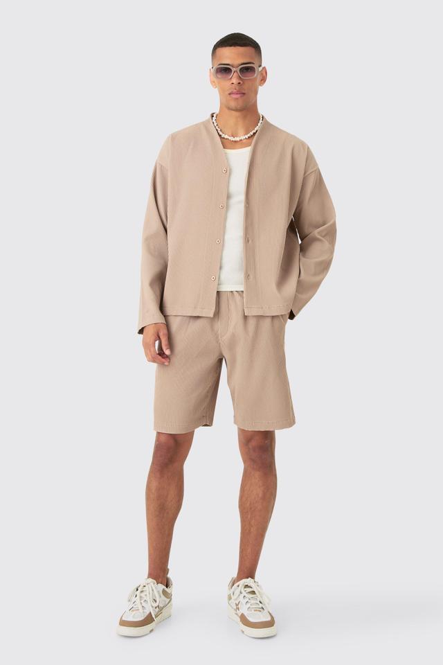 Pleated Longsleeve Collarless Boxy Shirt & Short Set | boohooMAN USA Product Image