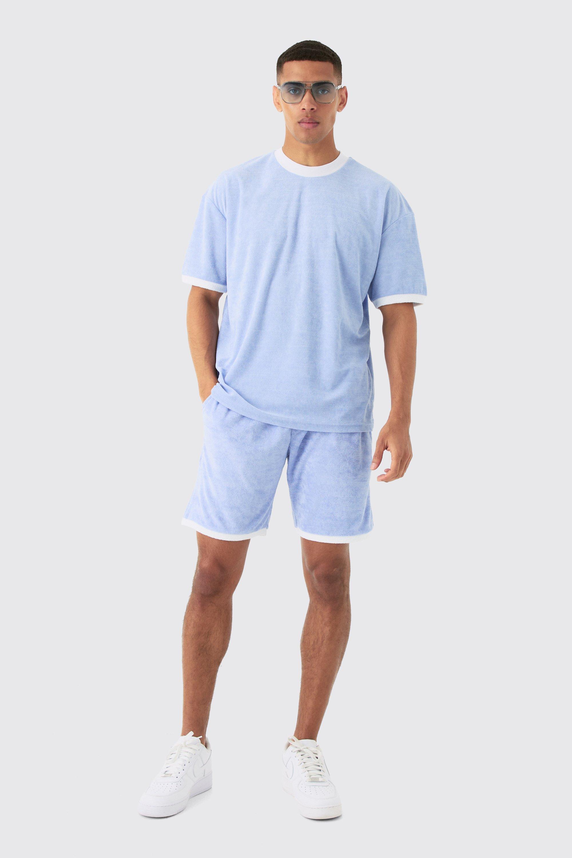 Oversized Extended Neck Contrast Towelling T-shirt & Shorts Set | boohooMAN USA Product Image