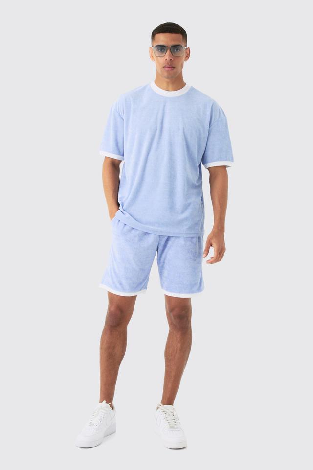 Mens Blue Oversized Extended Neck Contrast Towelling T-shirt & Shorts Set, Blue Product Image