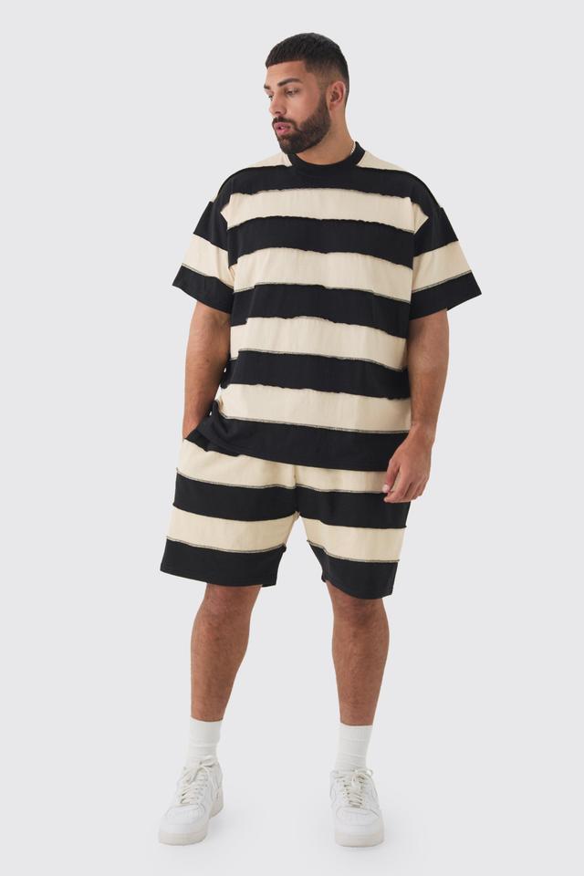 Plus Oversized Stripe Raw Seam T-shirt & Short Set | boohooMAN USA Product Image