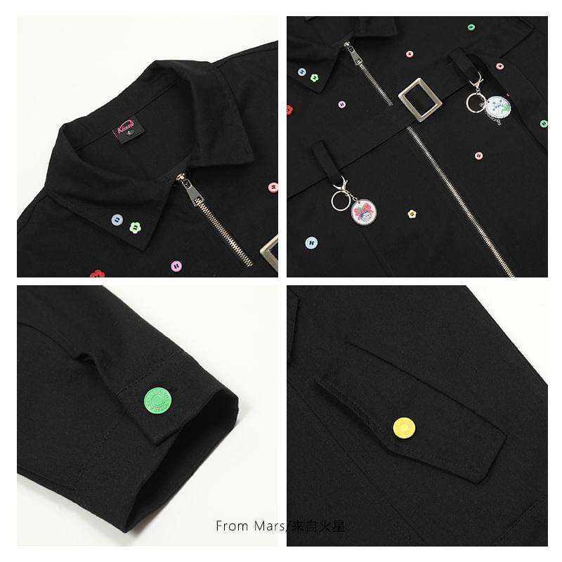 Lapel Collar Button Detail Zip Up Jacket Product Image