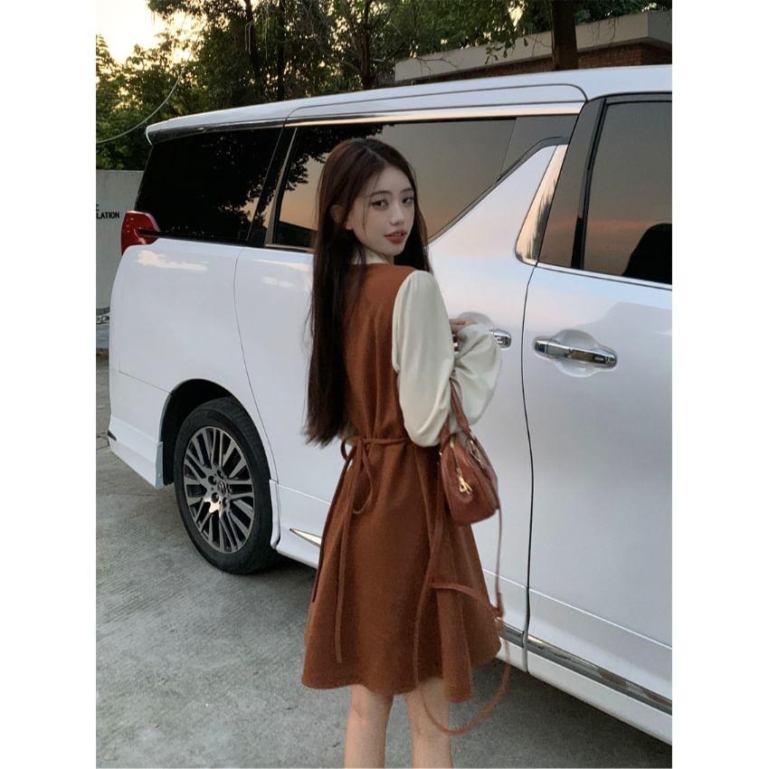 Mock Two-Piece Long-Sleeve Two Tone Mini A-Line Dress Product Image