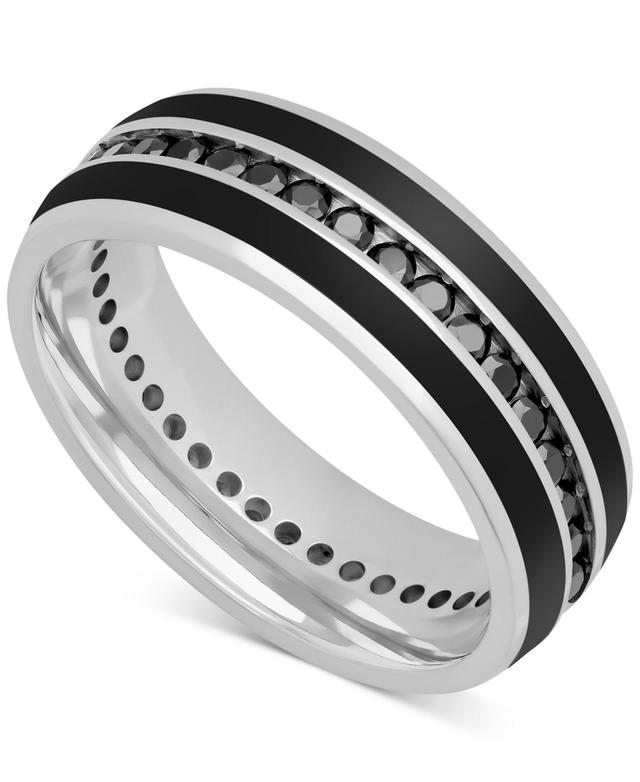 Mens Black Sapphire (1-1/3 ct. t.w.) & Ceramic Stripe Band in Sterling Silver (Also in Lab-Created White Sapphire) Product Image