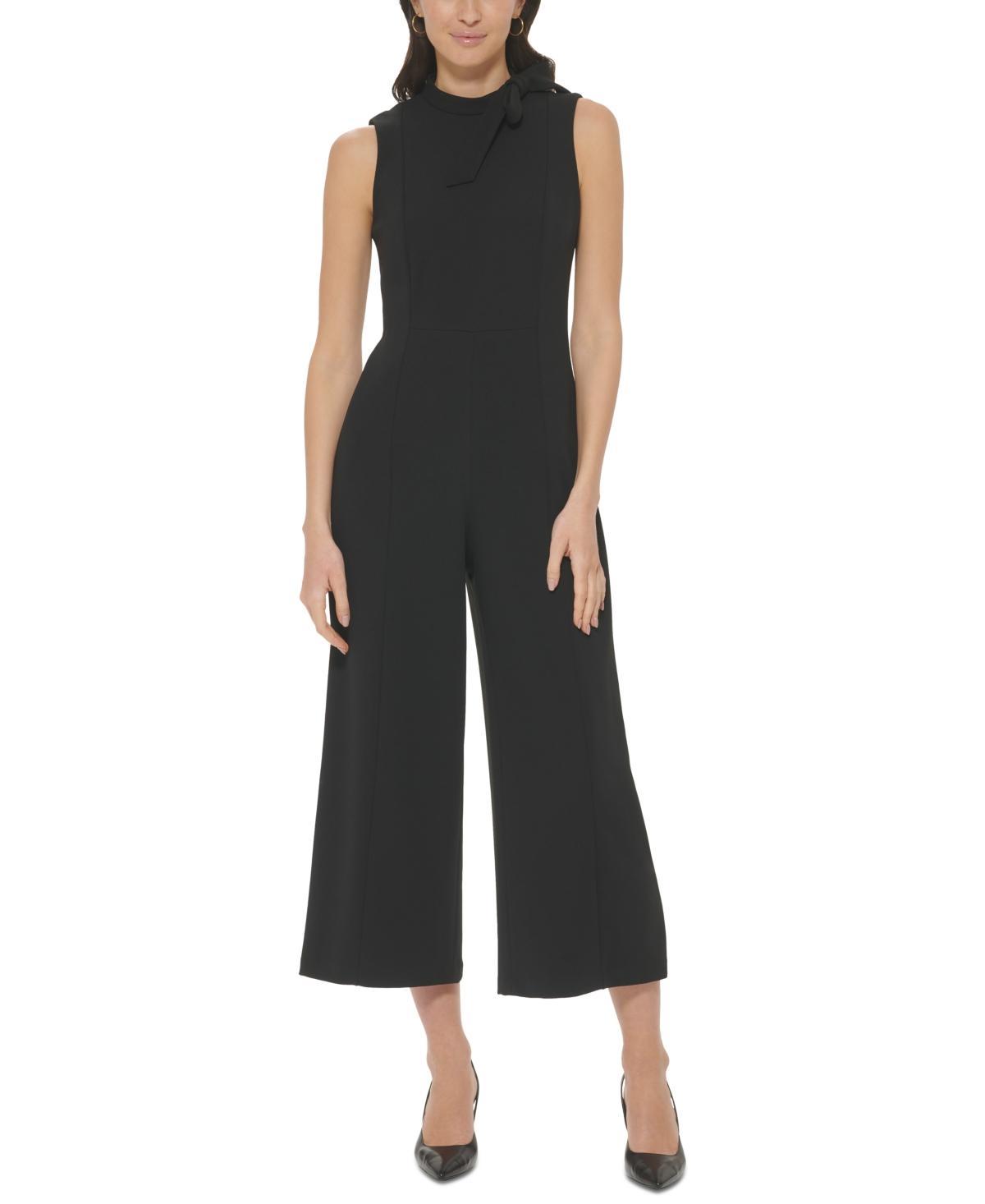 Calvin Klein Womens Bow-Embellished Mock Neck Cropped Wide-Leg Jumpsuit Product Image