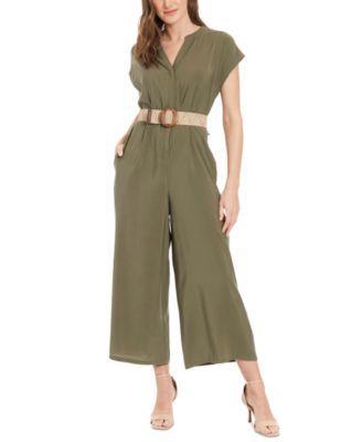 London Times Womens V-Neck Belted Wide-Leg Jumpsuit Product Image