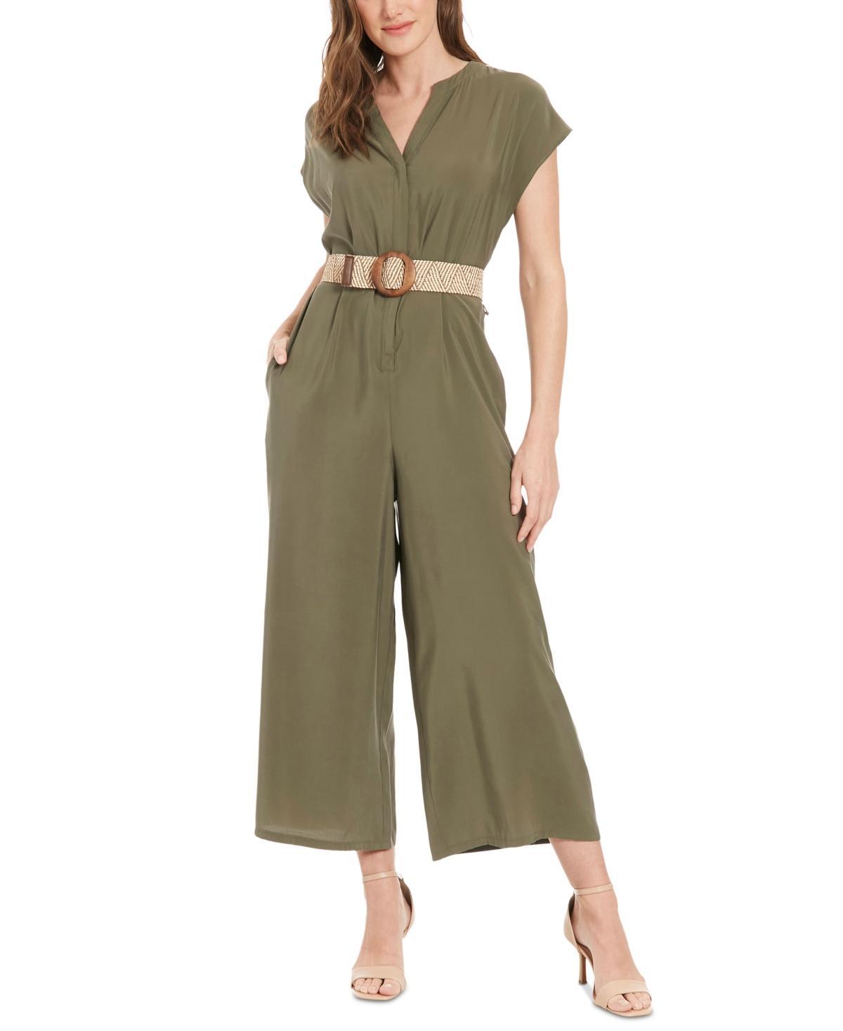 London Times Womens V-Neck Belted Wide-Leg Jumpsuit Product Image