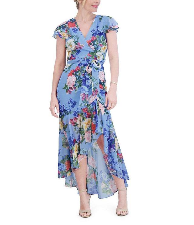 Eliza J Floral Print V-Neckline Ruffle Cap Sleeves Wrap Waist Asymmetrical Hem Dress Product Image