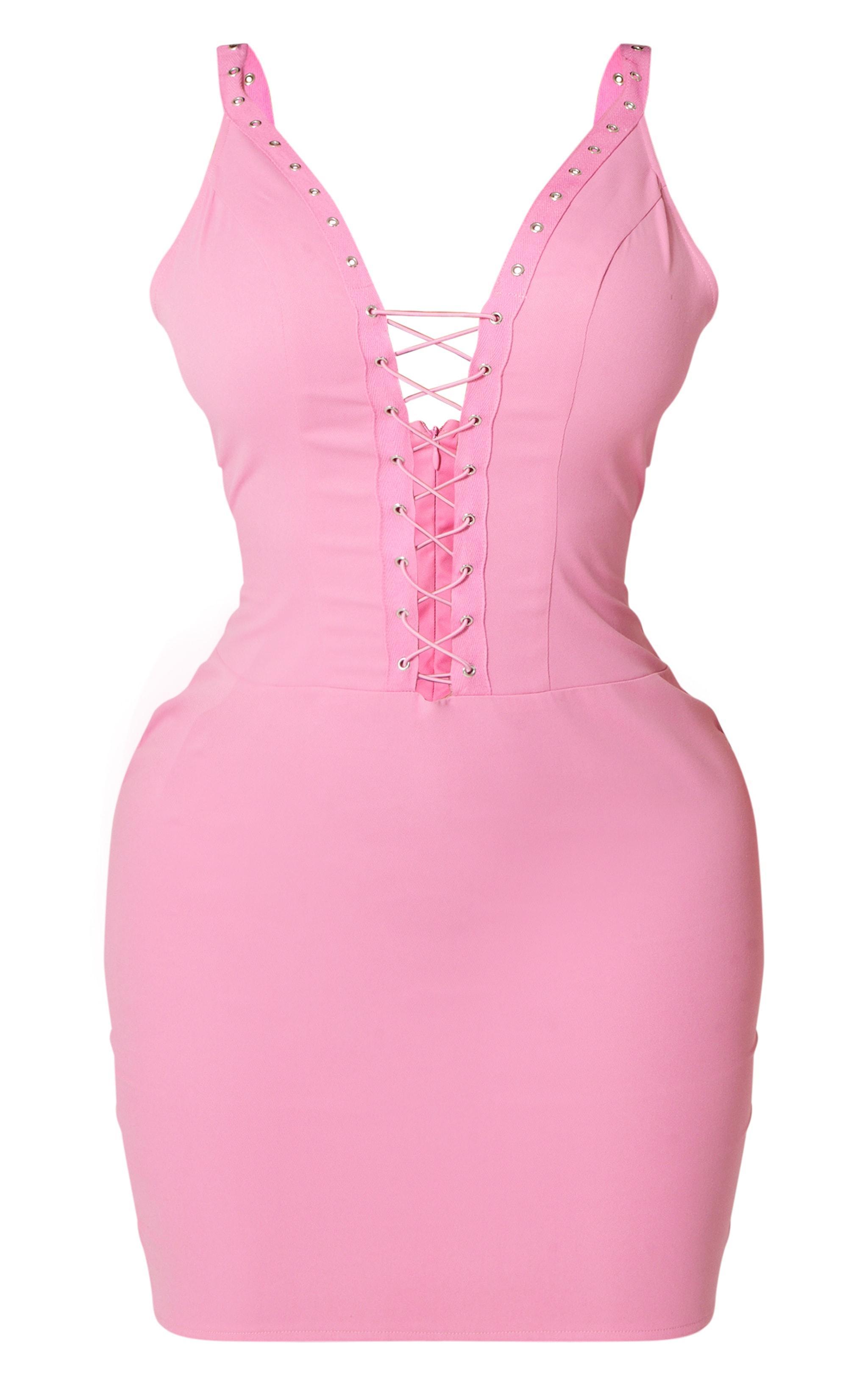 Shape Candy Pink Woven Lace Up Front Bodycon Dress Product Image