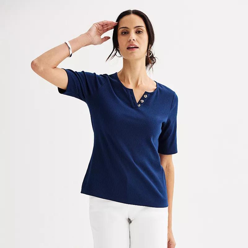 Womens Croft & Barrow Elbow Sleeve Rib V-Neck Top Product Image