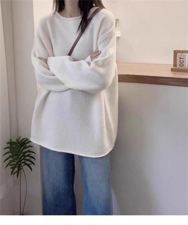 Crew Neck Plain Oversized Sweater Product Image