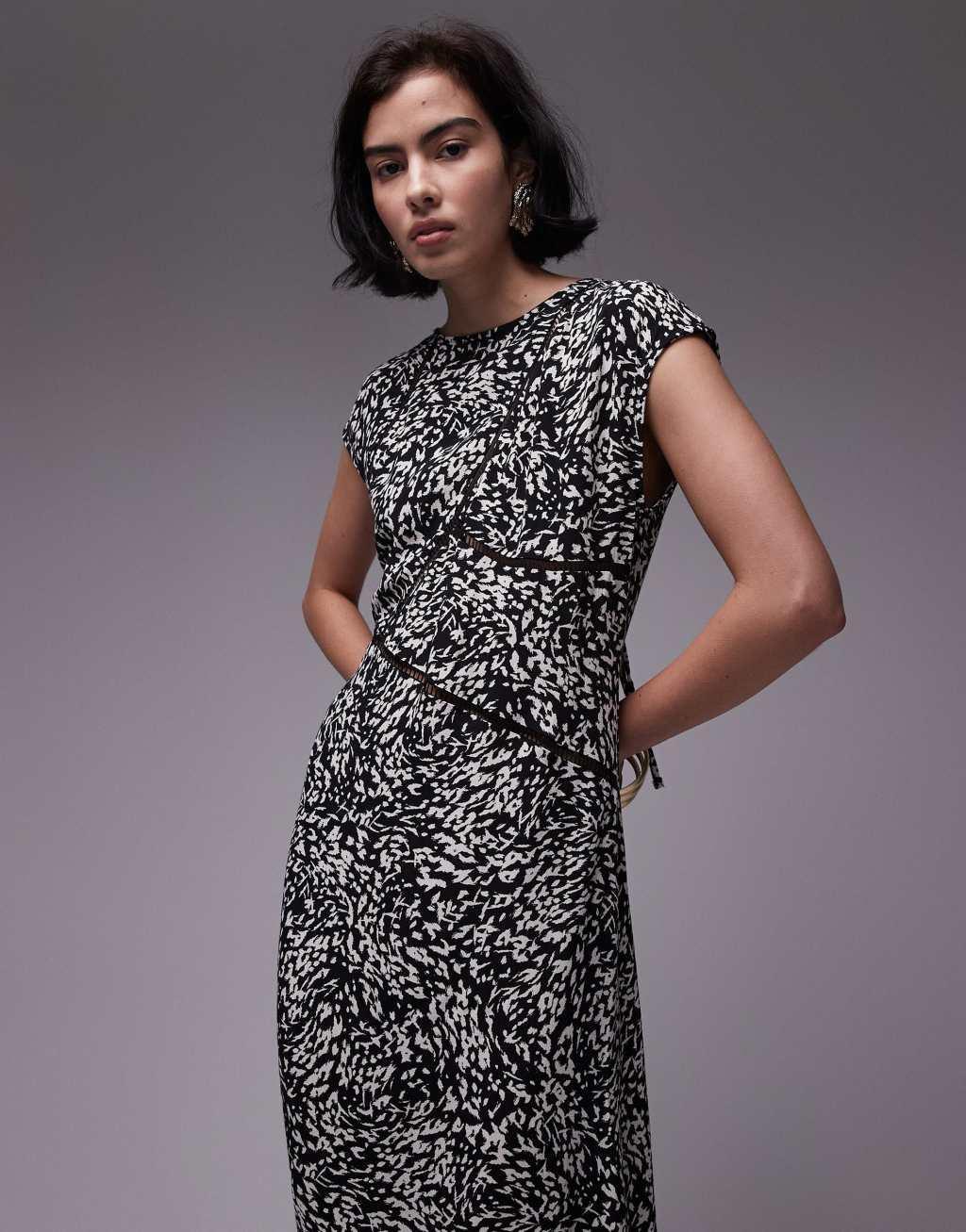 Topshop ladder trim column midi dress in mono animal print Product Image