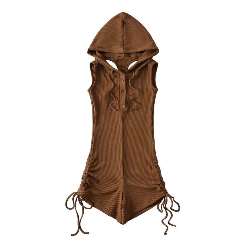 Sleeveless Henley Plain Hooded Drawstring Romper Product Image