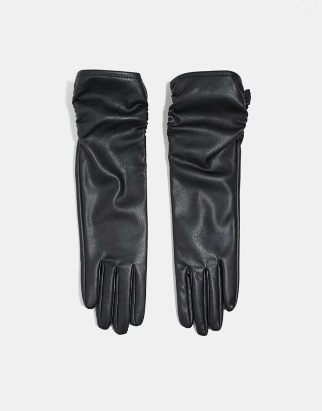 ASOS DESIGN faux leather long gloves with ruched detail Product Image