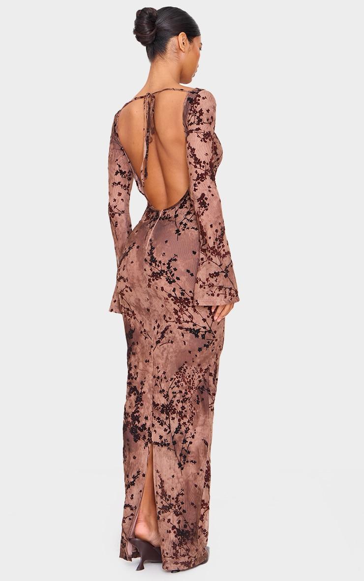 Brown Floral Textured Devore Long Sleeve Tie Back Maxi Dress Product Image