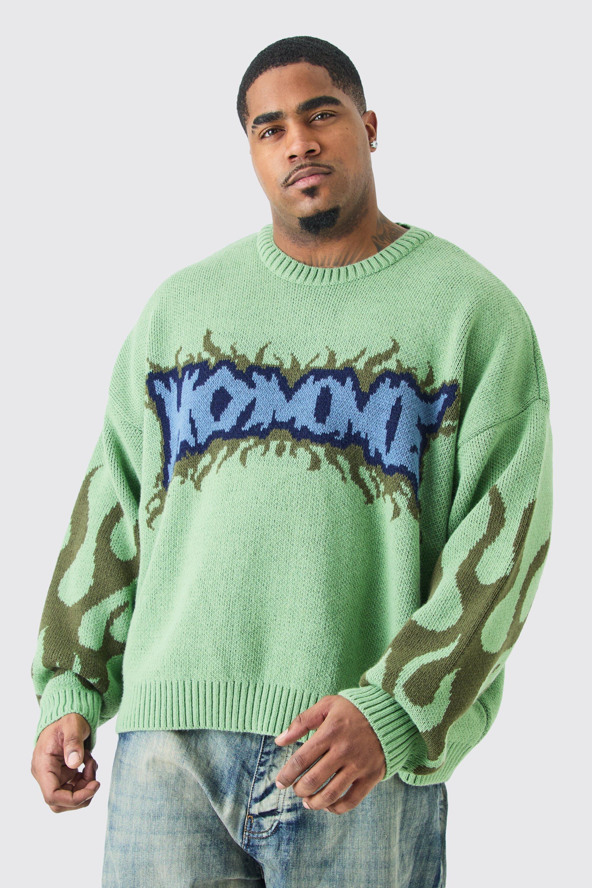 Mens Plus Oversized Knitted Homme Drop Shoulder Jumper In Green, Green Product Image