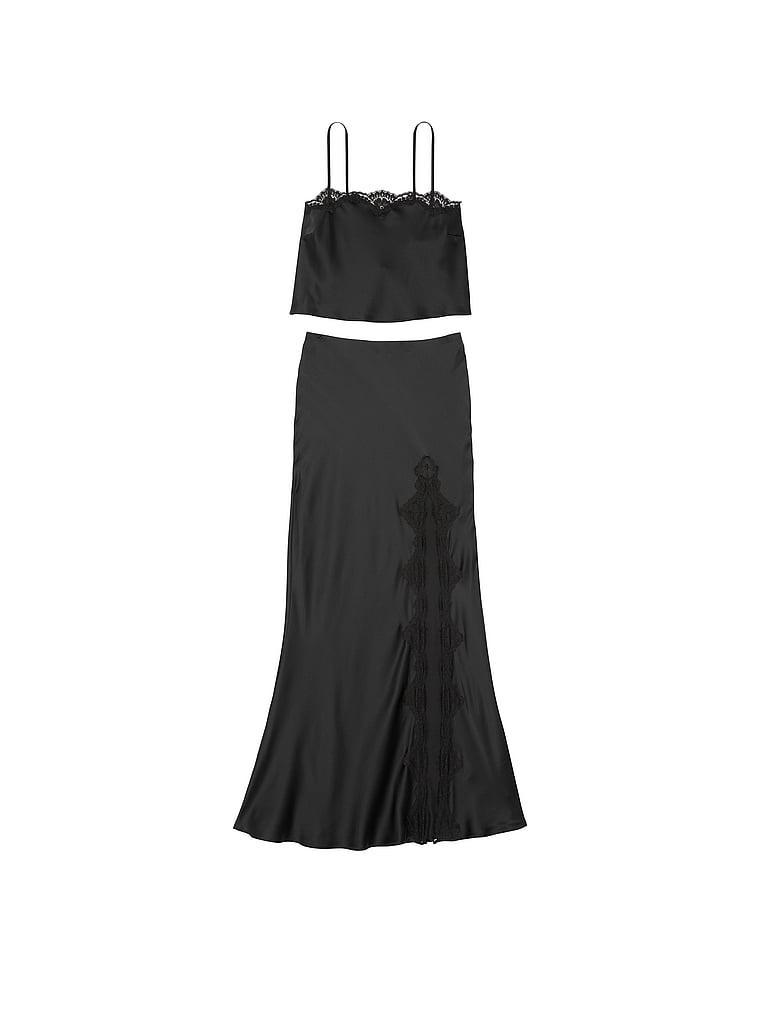 Satin Lace-Trim Cropped Top & Slip Skirt Set Product Image