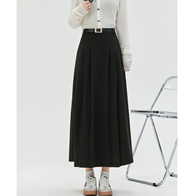 High Waist Plain Pleated Midi A-Line Skirt Product Image