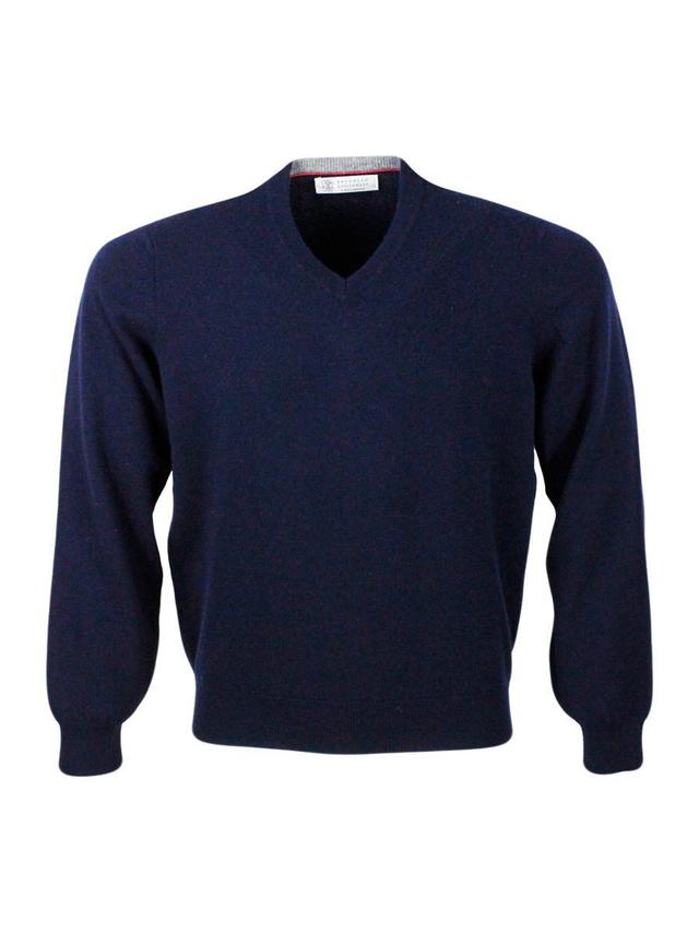 BRUNELLO CUCINELLI 100% Cashmere V-neck Sweater In Blue Product Image