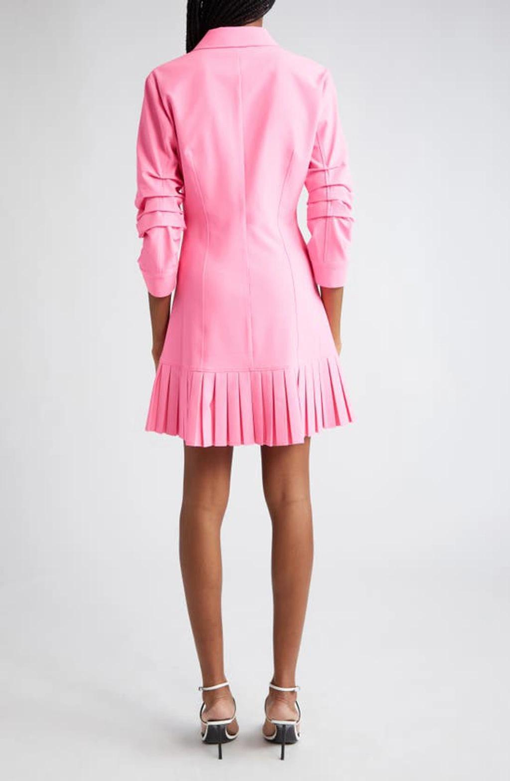 Lucilla Topstitched Pleated-hem Mini Shirtdress In Electric Pink Product Image