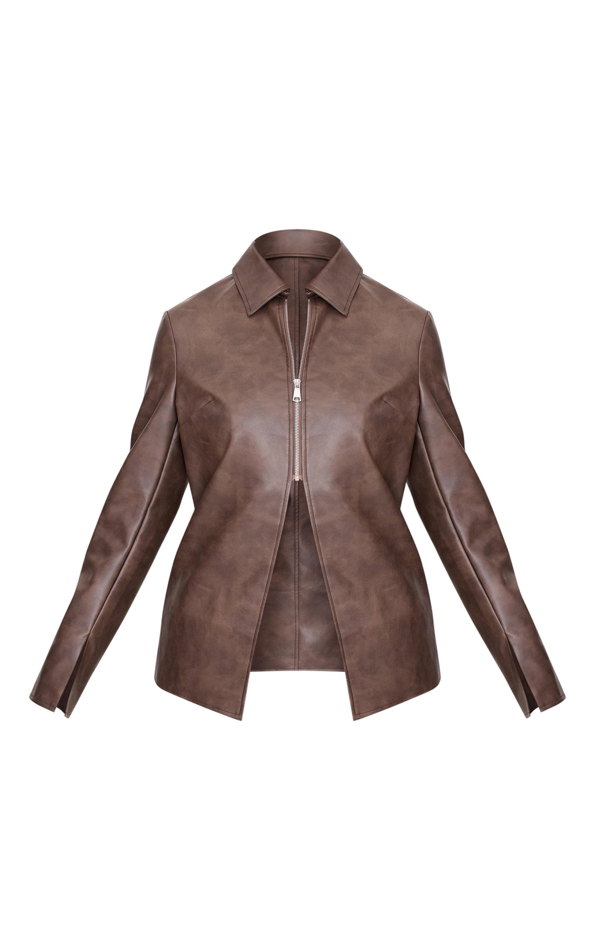 Plus Brown Washed Split Hem Oversized Collar Detail Faux Leather Jacket Product Image