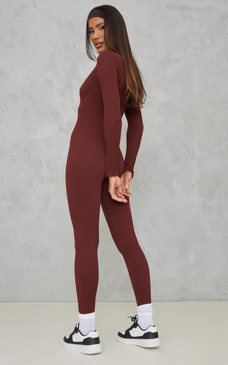 Chocolate Structured Snatched Rib Zip Jumpsuit Product Image