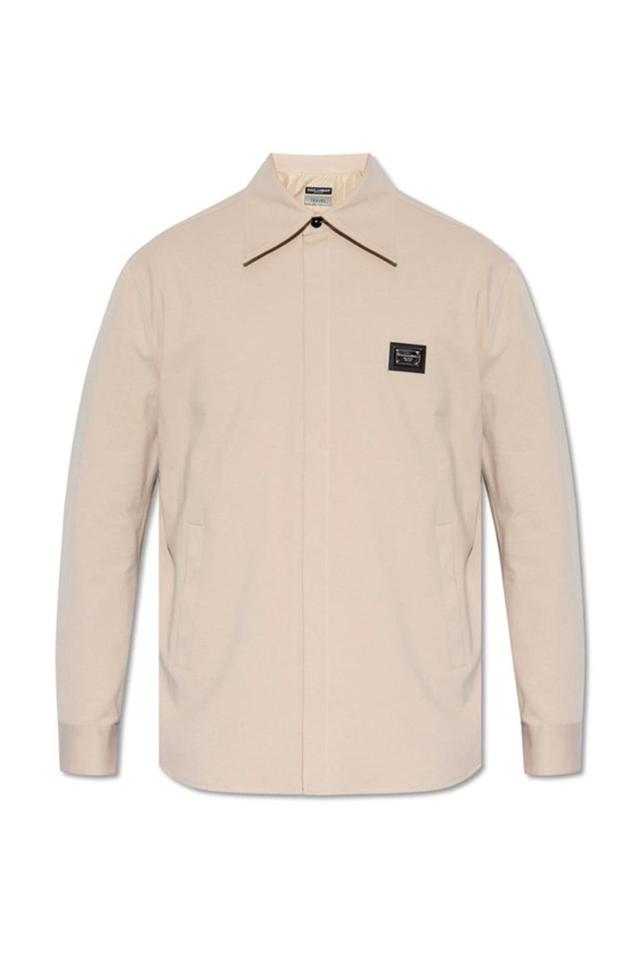 Logo Plaque Concealed Fastened Shirt In Beige Product Image