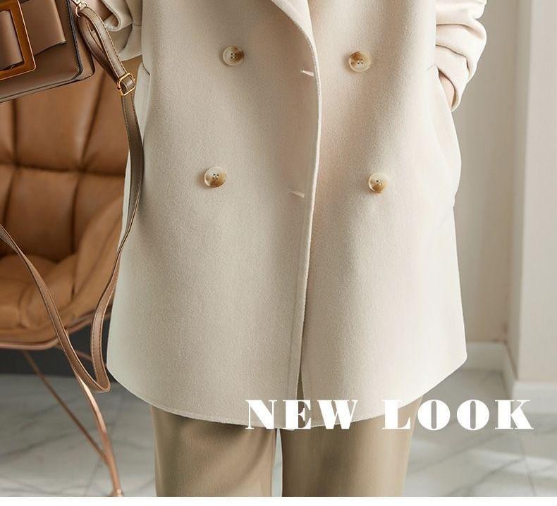 Lapel Collar Plain Double-Breasted Long Coat Product Image