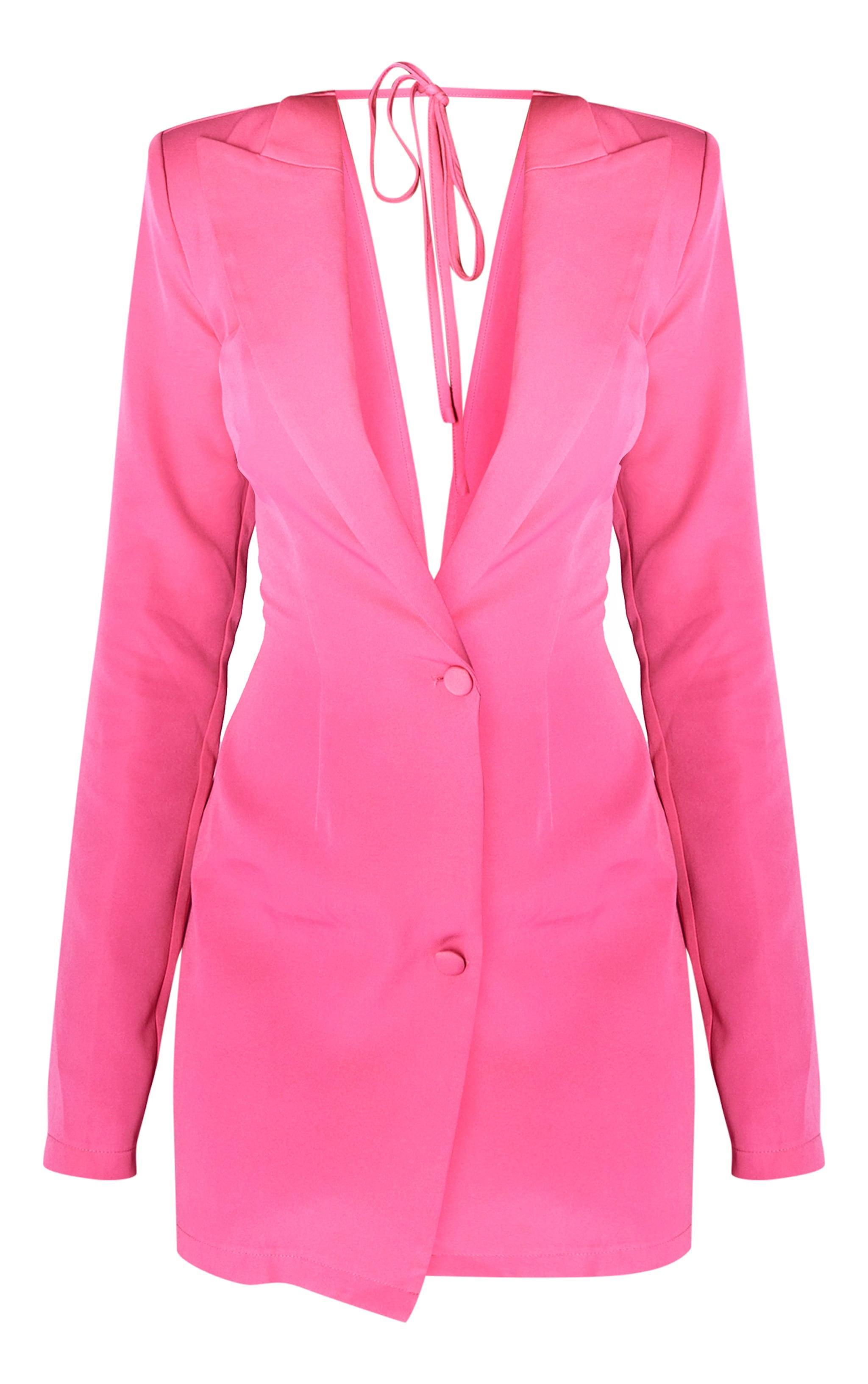 Bright Pink Woven Long Sleeve Bow Detail Blazer Dress Product Image