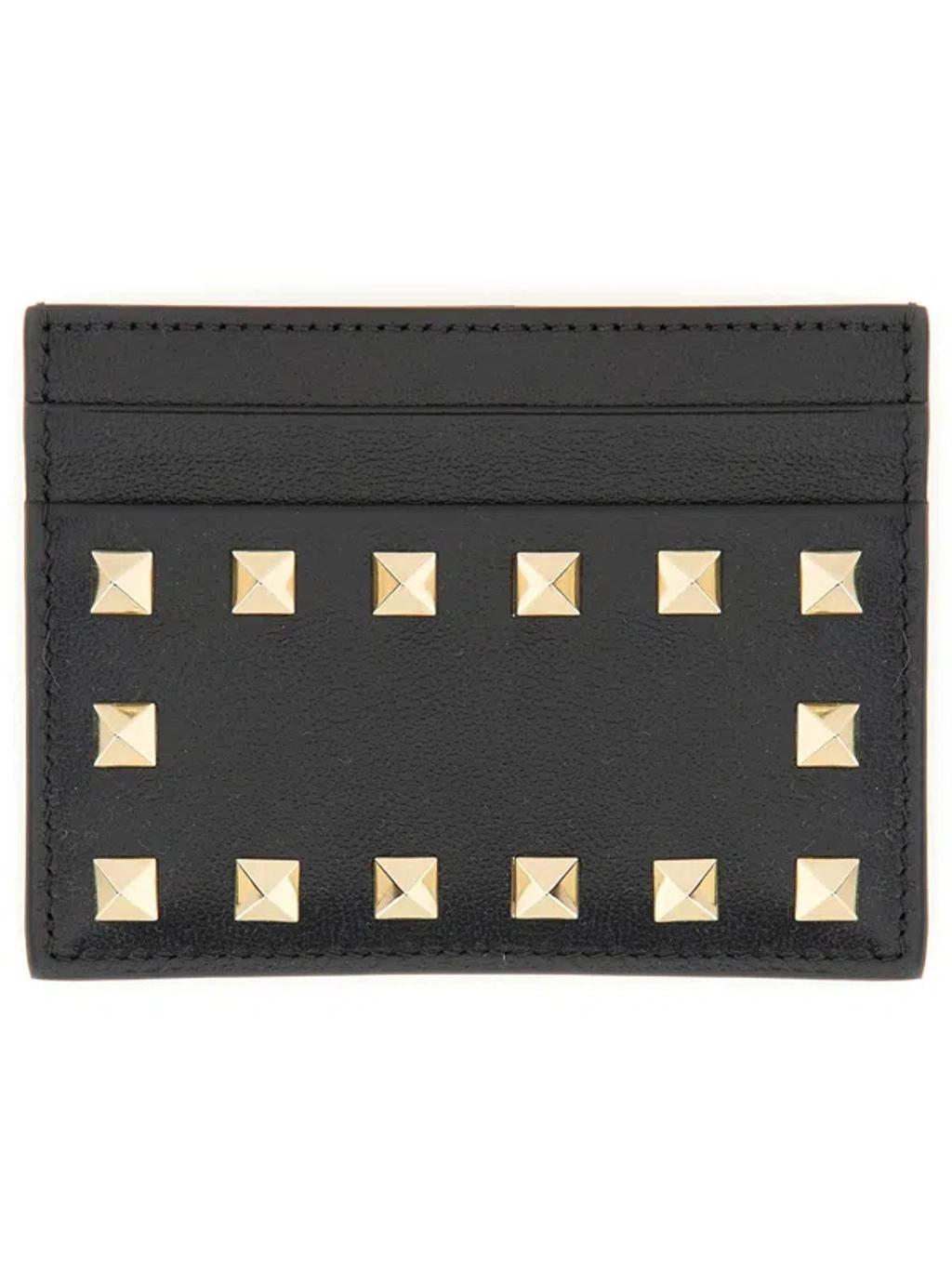 Studded Grained Leather Card Holder In Black Product Image