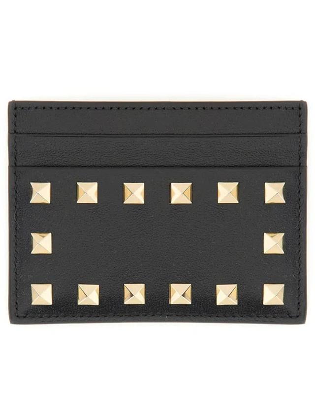 Studded Grained Leather Card Holder In Black Product Image