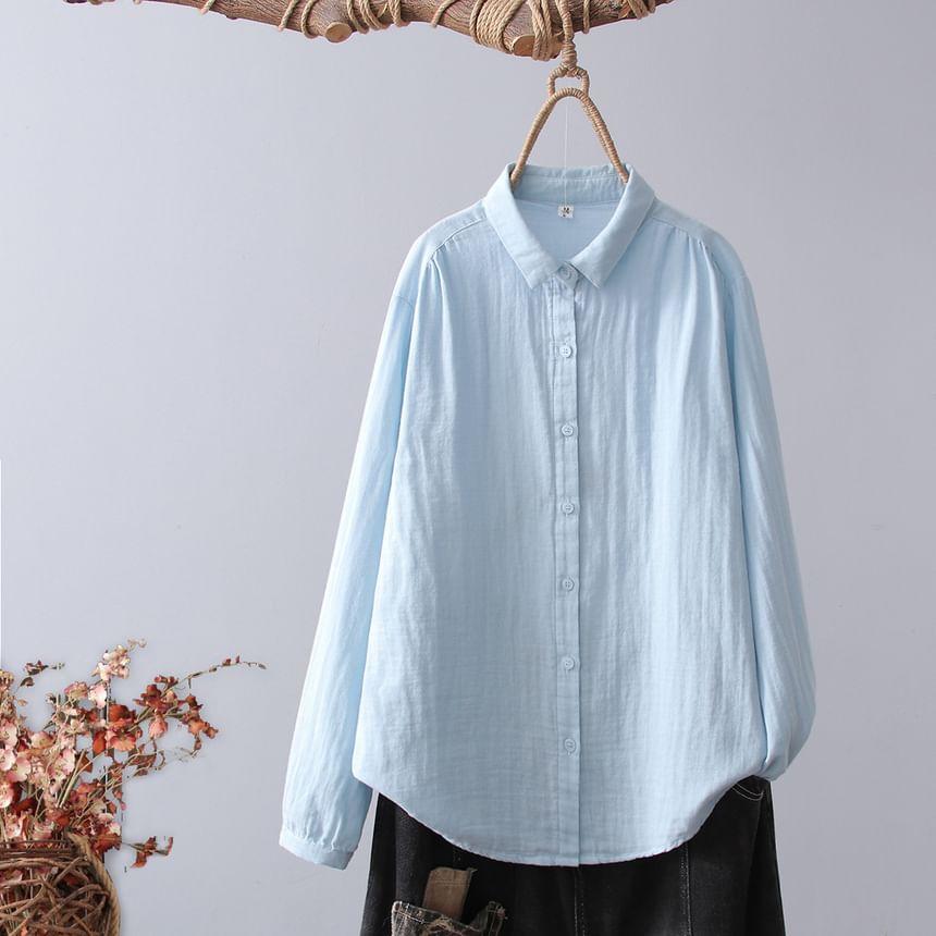 Long Sleeve Lapel Neck Plain Linen Shirt Product Image