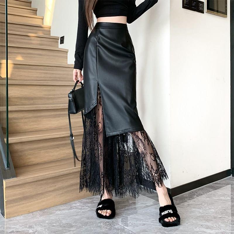 High Waist Plain Asymmetrical Lace Panel Maxi Pencil Skirt Product Image