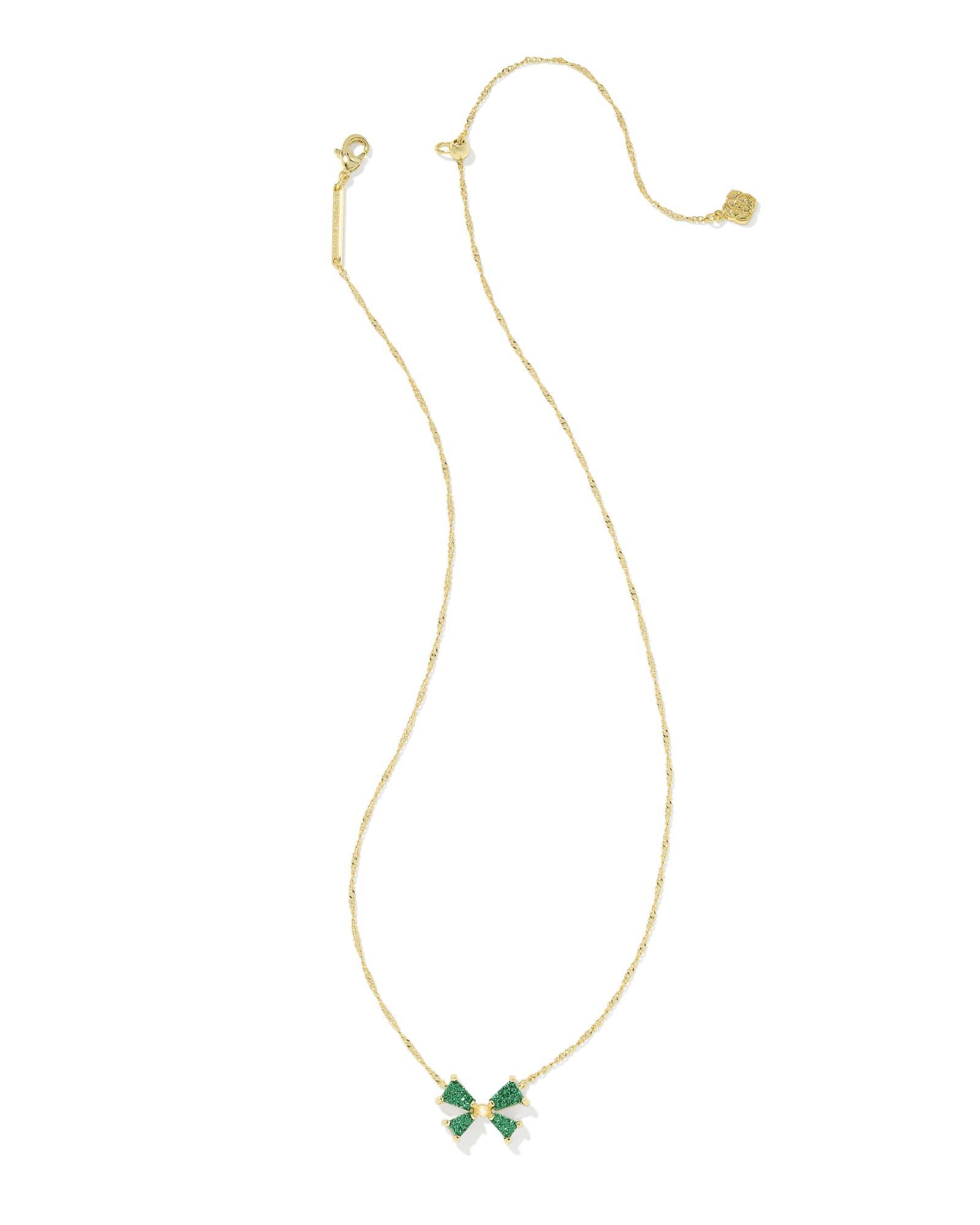 Blair Gold Bow Small Short Pendant Necklace in Emerald Drusy Product Image