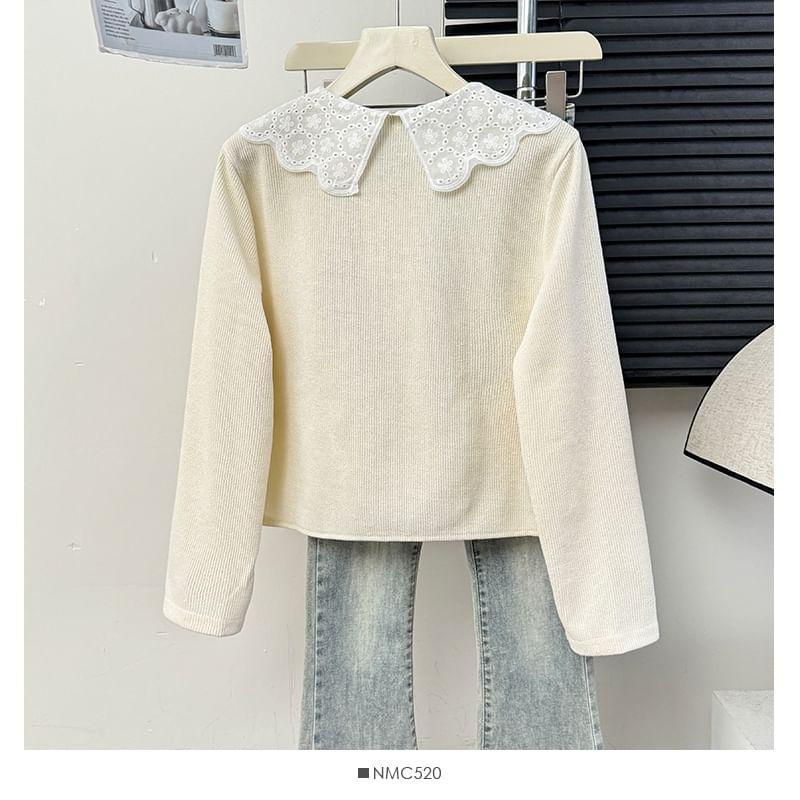 Lace-Collar Crew-Neck Cardigan in 5 Colors Product Image