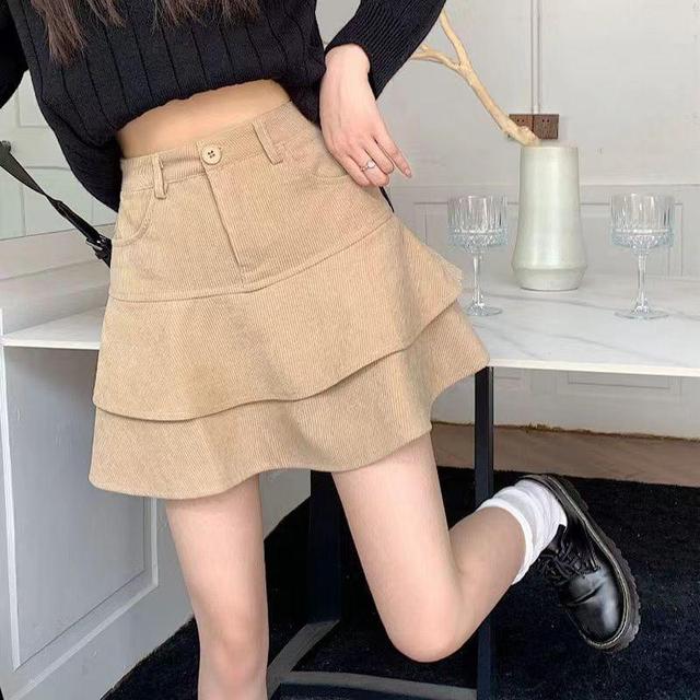 High Waist Plain Corduroy Mini A-Line Skirt Product Image