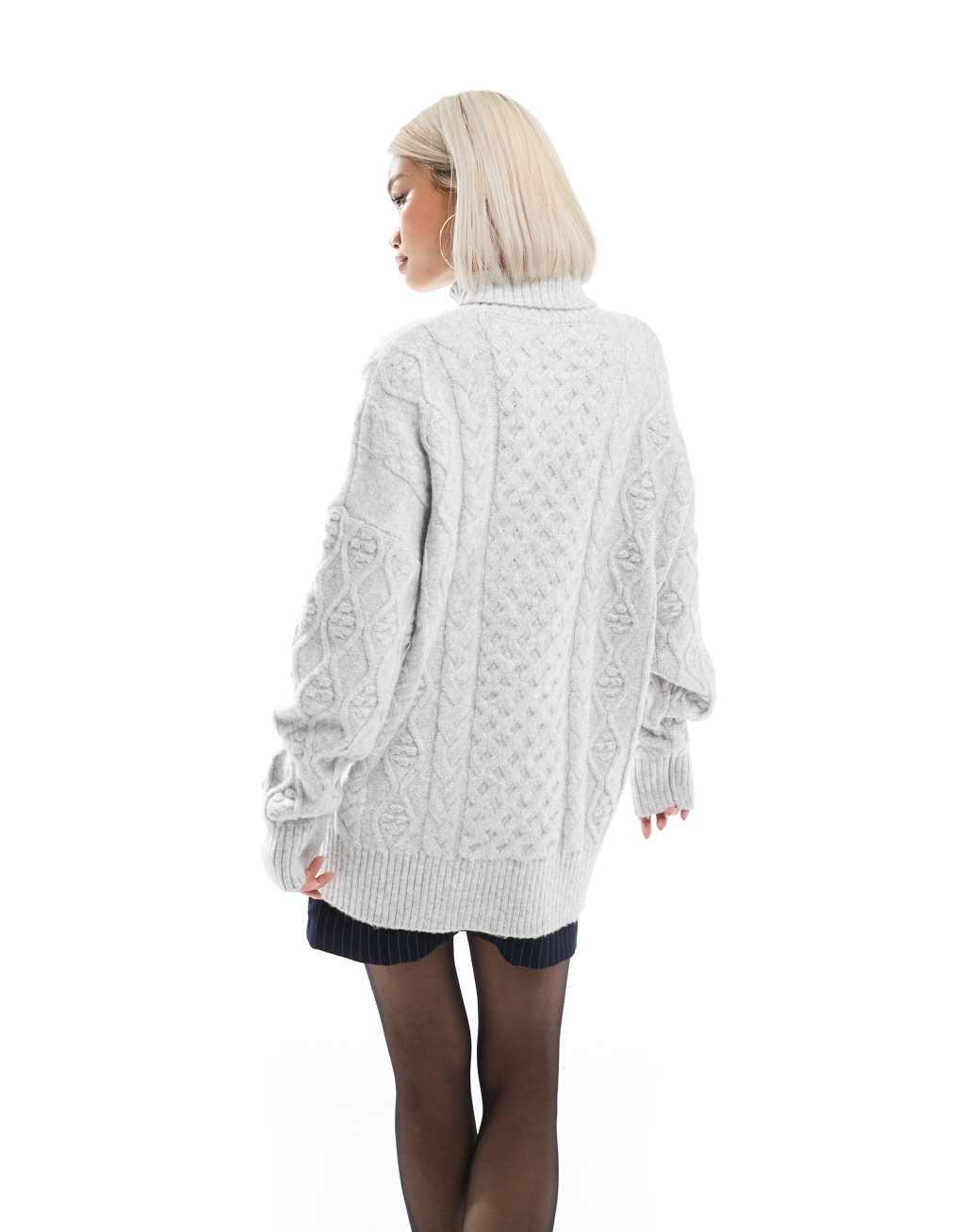 French Connection cable knit long sleeve knit sweater in light gray  product image