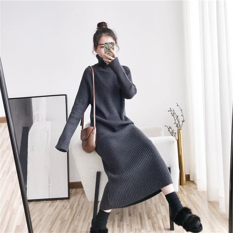 Long Sleeve Turtleneck Plain Midi Sweater Dress Product Image