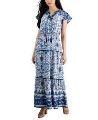 Petite Mixed-Print Flutter-Sleeve Tiered Maxi Dress Product Image