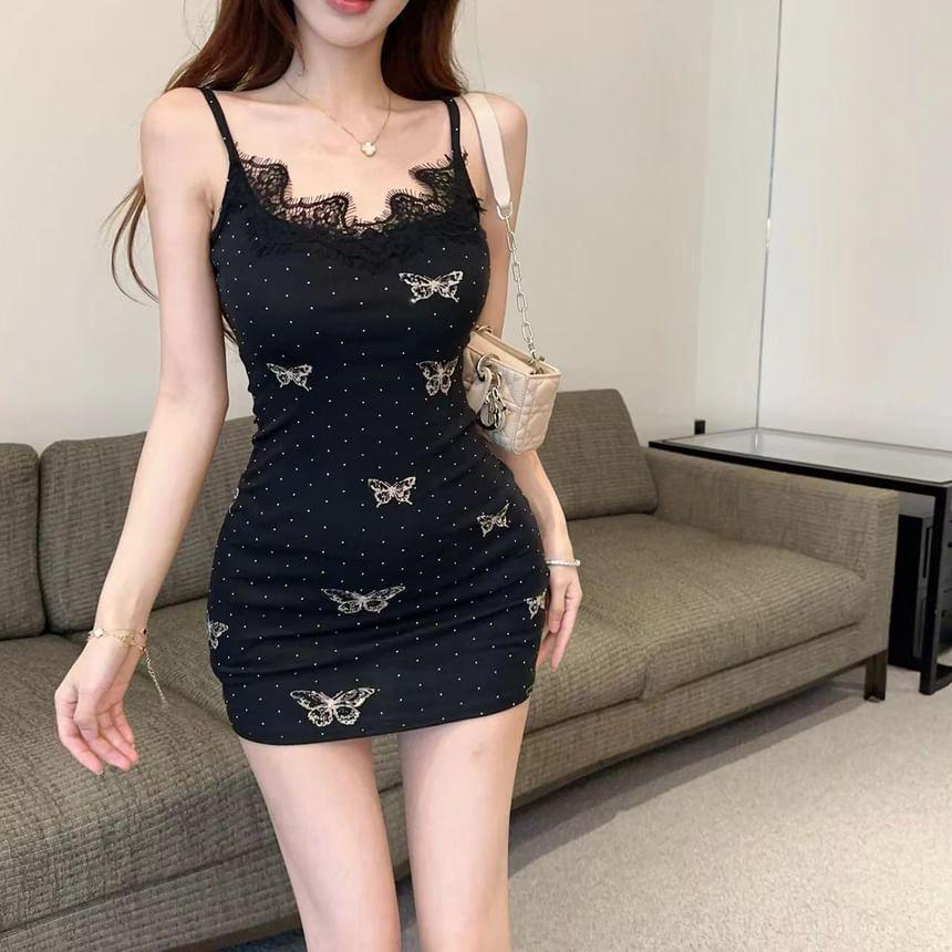 Spaghetti Strap Scoop Neck Butterfly Print Mini Bodycon Dress Product Image