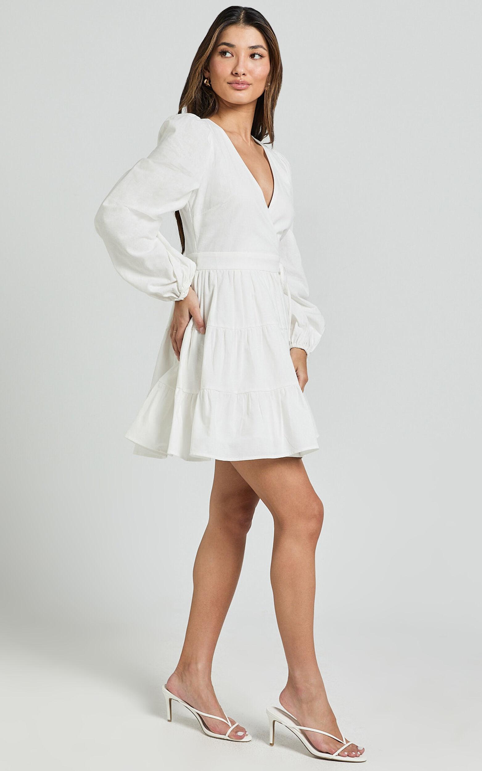 Brenda Mini Dress - Long Puff Sleeve Wrap Linen Blend Dress in Ivory Product Image