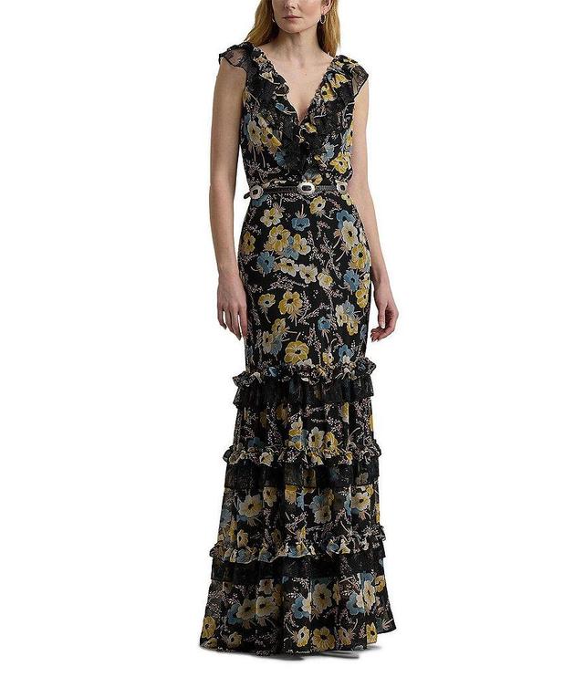 Lauren Ralph Lauren Floral Georgette V-Neck Flutter Sleeve Tiered Ruffle Gown Product Image